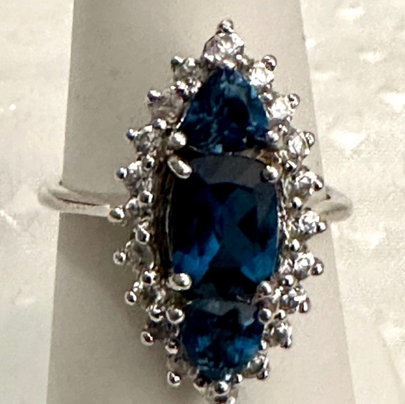 Elongated London Blue Topaz & White Zircon Sterling Silver Ring 💍 💙 Sz 7 - Picture 6 of 13